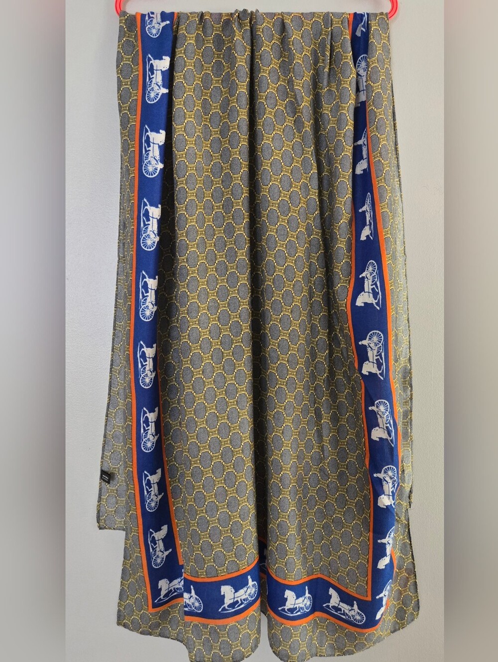Large Viscose Scarf With Geometric Equestrian Design Grey Blue Orange Yellow
